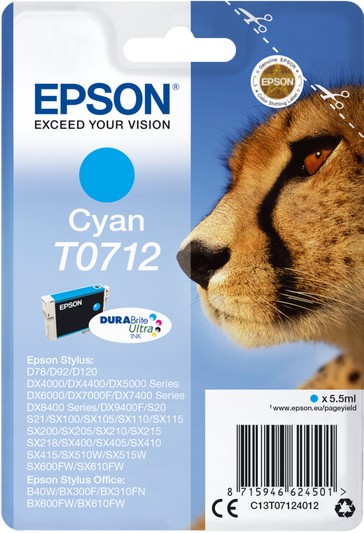Epson T0712 Cheetah Cyan Original Ink Cartridge (C13T07124011) Stylus DX4000